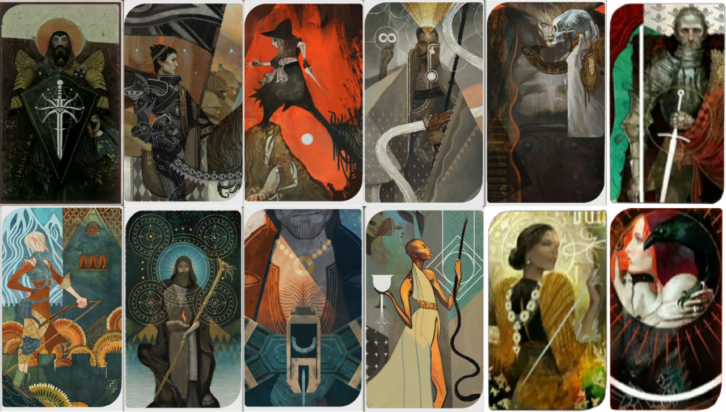 Stylized tarot-like cards show individual portraits of several Dragon Age: Inquisition characters and companions.