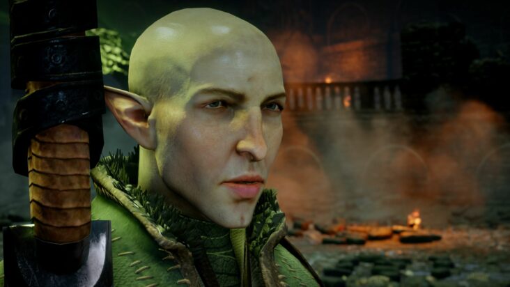 A close-up of Solas from Dragon Age: Inquisition, head bald and ears as pointed as spear-tips.