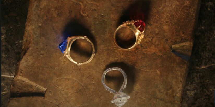 Close up on Vilya, Narya, and Nenya, the three rings of power given to the elves.