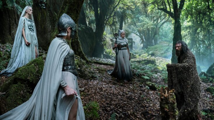 Galadriel speaks with Radagast the Brown in a scene from The Rings of Power.