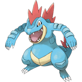 Key art for Feraligatr, a water-type Pokemon that resembles Godzilla.