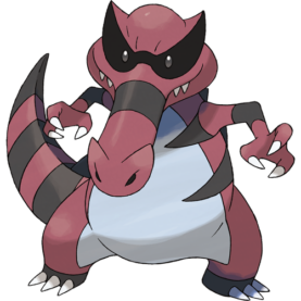Krookodile is a ground/dark-type pokemon that looks like a crocodile standing on its back two legs.