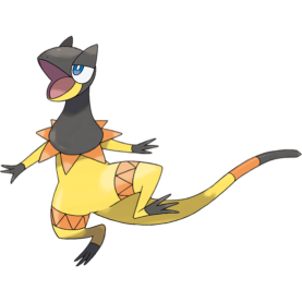 Key art for Heliolisk, and electric-type pokemon that resembles a little lizard wearing a harlequin costume.