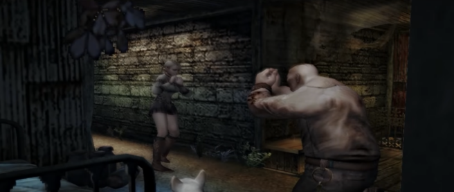 A screenshot from Haunting Ground where a blond woman in a dim stone basement is facing a large intimidating man who is on his knees with his hands up in supplication while a dog looks on