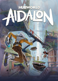 Artwork for Hubworld Aidalon in a futuristic city with skysrapers and air boarts with one police like figure chasing a cloaked miscreant