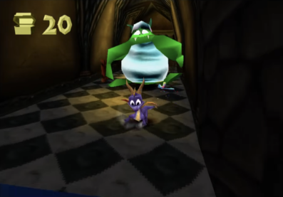 An uprezzed screenshot from Spryo the Dragon on Playstation 1 with the purple dragon dashing towards the camera to escape a large ogre cook heading his way