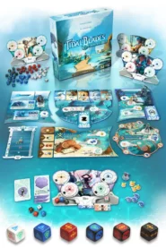 Promotional art for Tidal Blades featuring all the various elements, including dice with bespoke symbols, dials for several characters, cards, and tokens, all in a light blue beach paradise color scheme