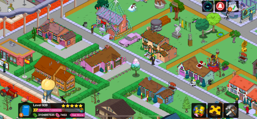 Another screenshot from The Simpsons: Tapped Out shows a bird's-eye view of the titular family's distinctive pink house.