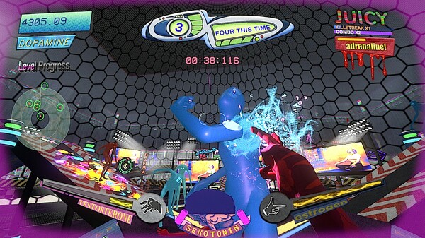 A screenshot from Splatter shows the player firing at an enemy inside a geodesic dome. Despite the enemy being rendered in a monochromatic hue, the viscous splatter spraying from where they've been hit is bright and colorful.