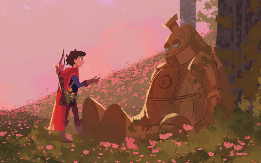 A young adventurer speaks with a sleepy golem-like creature in artwork from the Land of Eem.