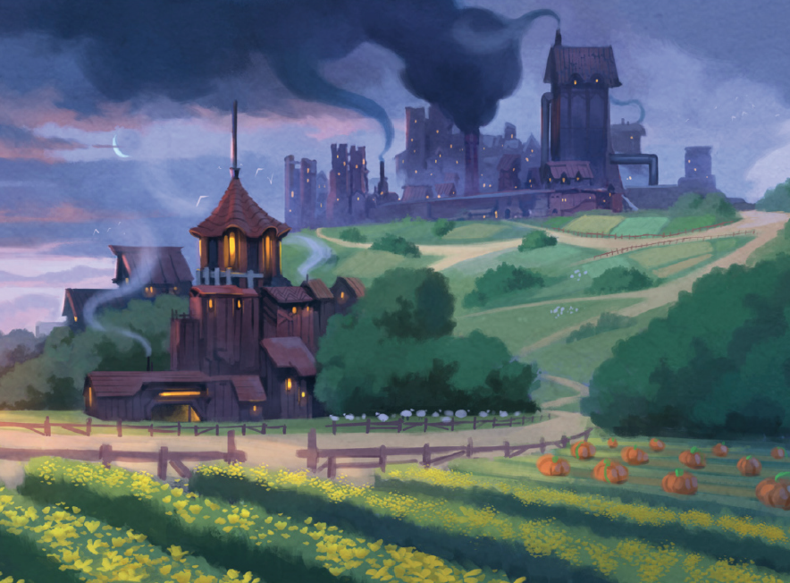 Several buildings billow dark smoke into the air of an idyllic farmland.