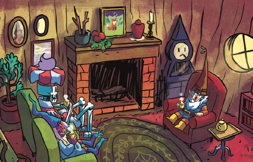 A skeleton and a gnome enjoy a comfy chat next to a brick fireplace.