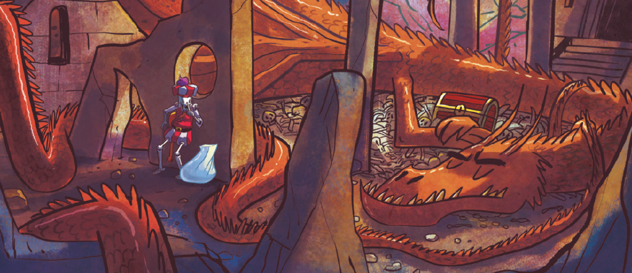 A skeleton adventurer hides from a sleeping dragon hoarding its treasure.