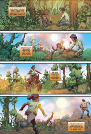 Another page from the The Last Ranger with panels of the main character's childhood starting a fire in the woods, collecting arrows from a downed deer, riding a motorcycle and running across nature