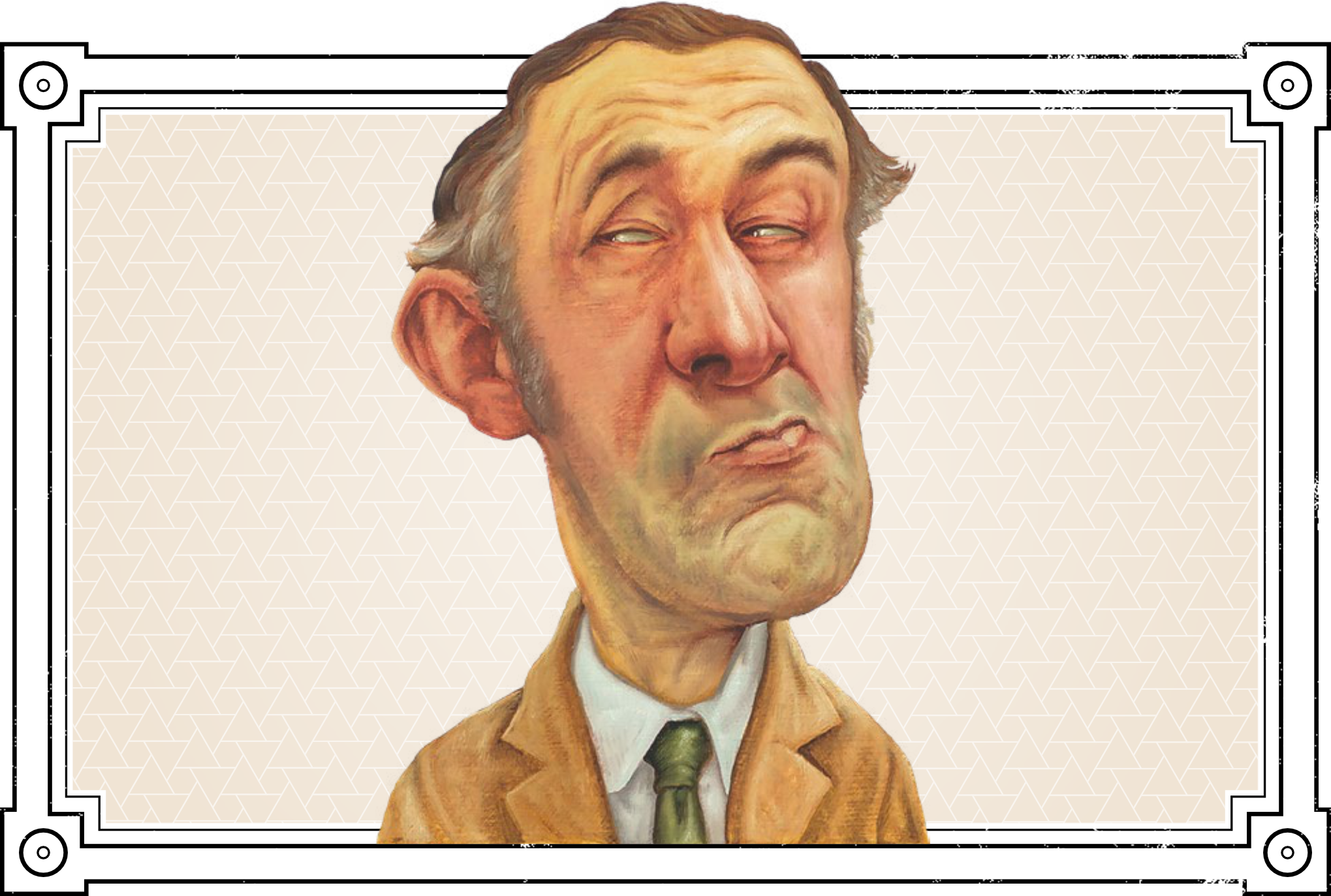 A British man in a mustard blazer and green tie makes a smug face in a drawing from Monty Python’s Cocurricular Mediaeval Reenactment Programme.