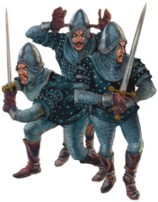 Three hapless knights stand together looking silly. Two nervously hold their swords and one has his hands next to his head like antlers.