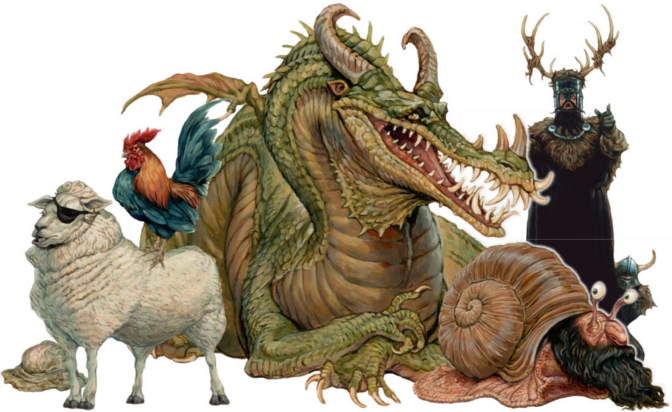 A sassy dragon, a bearded snail, a knight with an antlered helm, a sheep with an eyepatch and a puffed-up rooster all stand around looking handsome.