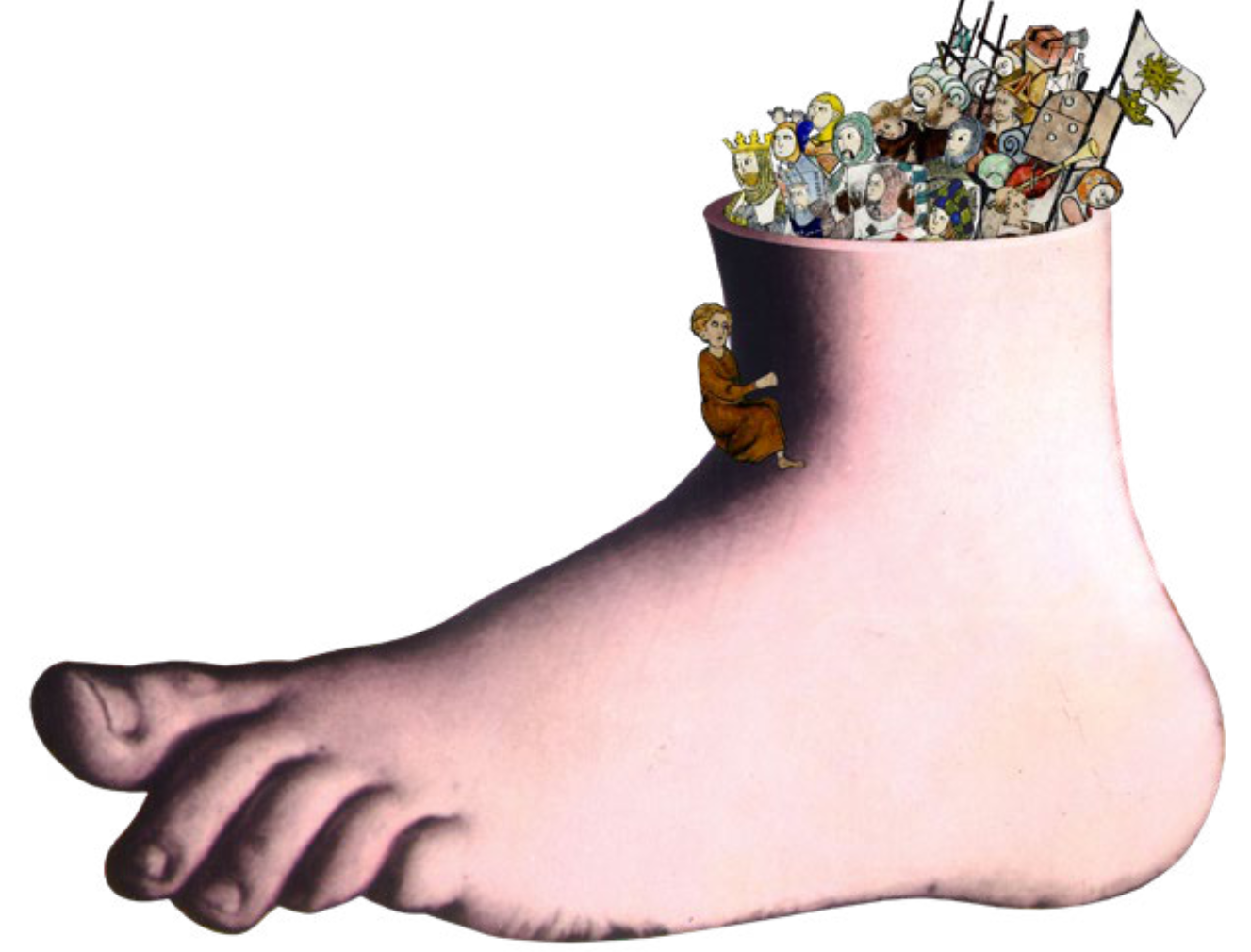 The famous Monty Python foot is hollowed out at the ankle and filled with characters from Monty Python’s Cocurricular Mediaeval Reenactment Programme.