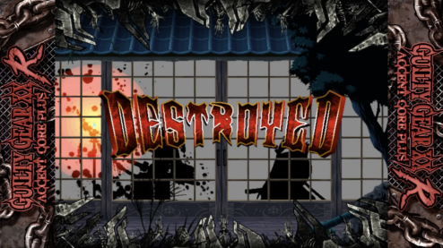 A screenshot from Guilty Gear XX R Accent Core Plus where we see a Japanese rice paper screen with two shadows and the word Destroyed splayed across the center