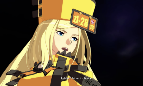 A screenshot from Guilty Gear Xrd 2 where a blond character in a yellow hat with a license plate looks seriously at their opponent saying I didn't have a choice