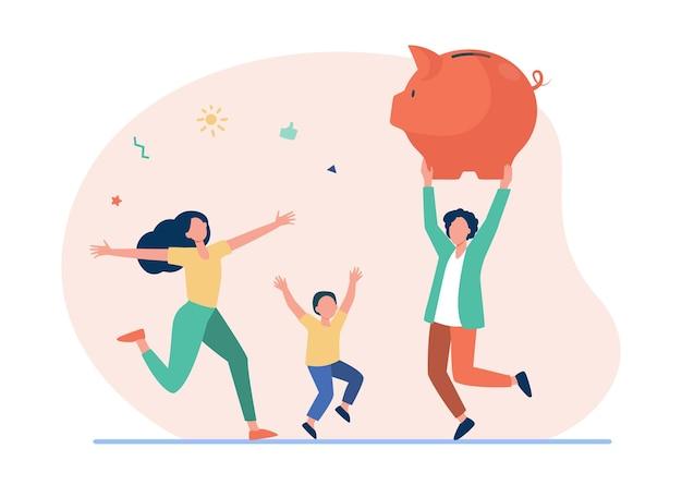Happy family jumping with huge piggybank. Cartoon illustration