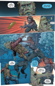 A page from The Last Ranger with a few panels of fighting between a broken toothed blonde man who is taken down by the Last Ranger by a coin toss to the face and a palm thrust to the neck. He begs for mercy, she appears to not comply