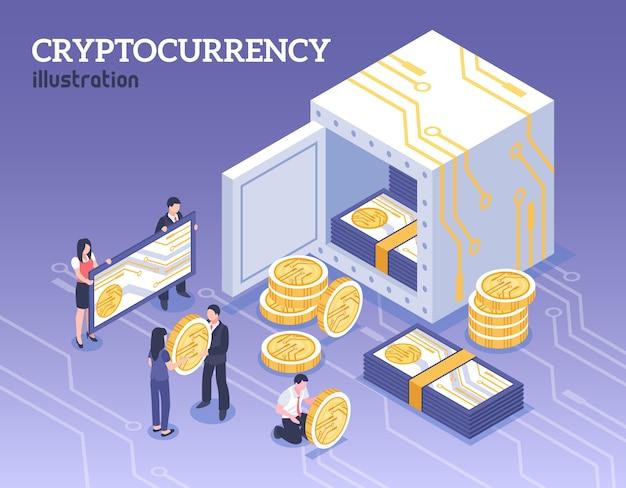 People with bitcoins cryptocurrency isometric illustration