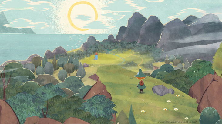 Snufkin wanders through an idyllic valley in a screenshot from Snufkin: Melody of Moominvalley.