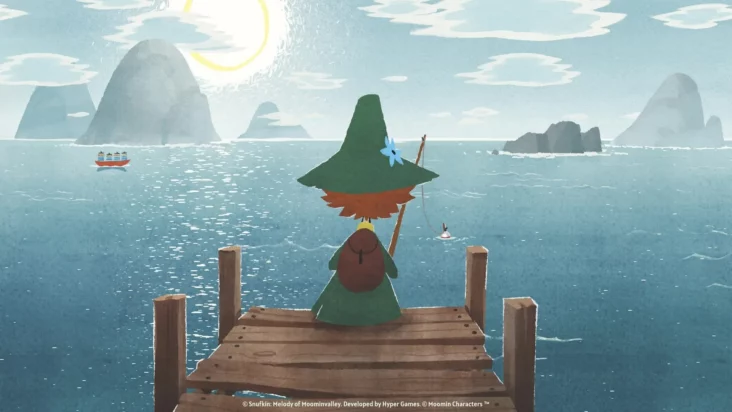 Snufkin fishes from a seaside pier, late-afternoon sunlight sparkling across the water.