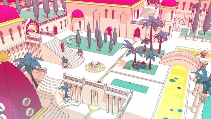 Another screenshot from Chants of Sennaar is a bird's-eye view of large plaza with several well-groomed gardens and stone steps leading to its various levels.