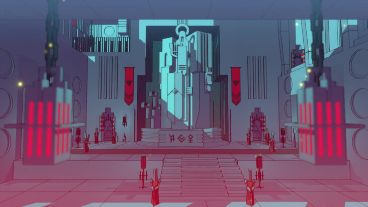 A screenshot from Chants of Sennaar shows a nighttime scene of guards stationed around a huge sculpture.