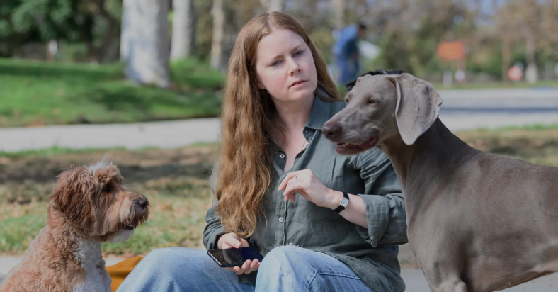 Amy Adams thoughtfully considers a dog while another scruffy fellow looks on in a scene from Nightbitch.