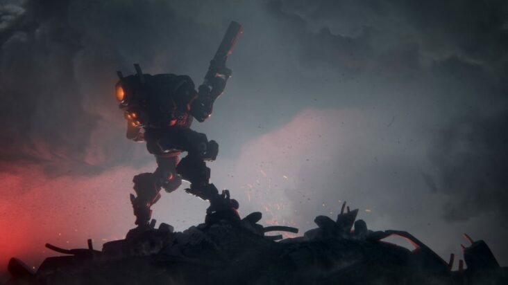 A mechanical automata climbs over a pile of wreckage backlit by dim, smoky light.