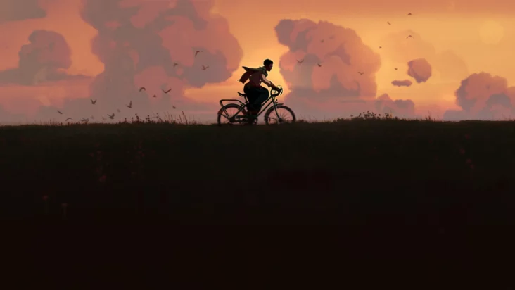 Estelle rides her bike silhouetted against a sunset sky. 