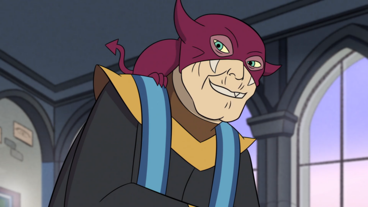 A still from The Owl House shows Principal Bump smiling slyly at someone just out of view.