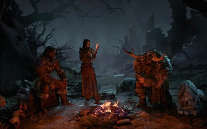 A group of adventurers gathers around a small campfire during the dark night in a screenshot from Diablo IV.