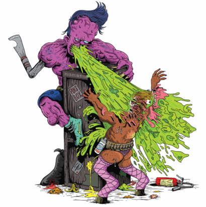 Art from Pukeapocalypse shows a purple punk with a notched blade for an arm barfing neon green barf at another satyr-like character.
