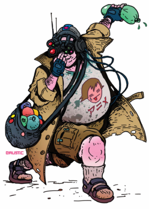 A character from Pukeapocalypse wearing a satchel of water balloons and night vision goggles prepares himself for his next throw.