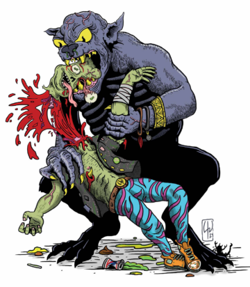 An orc-like Pukeapocalypse character bites the head off a smaller goblin creature, who is nonetheless decked out in some cool zebra-stripe pants and neon sneakers.