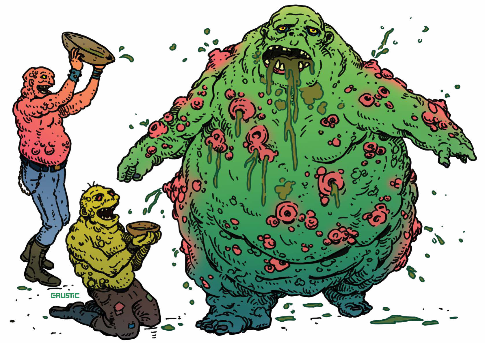 A grotesquely engorged humanoid character waddles around with bile dripping from their mouth and fluids draining from various sores on its body. Two other characters hold bowls up to the larger one, seemingly to gather some of the viscous liquids.