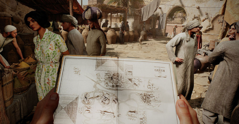 A screenshot from Indiana Jones and the Great Circle shows Indy looking at map in a crowded market.