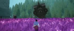 A screenshot from Season shows Estelle standing in a field of purple flowers staring up at monolithic statue.