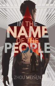 A book cover for In the Name of the People where a man stands in a suit with the title over his back, and another photo of a person with a gun