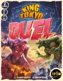 The box art for King of Tokyo: Duel with a large robot lizard on the left facing off against a fleshy gree lizard on the right with the city burning and lit up below them as they DUEL