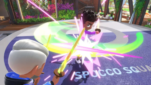 A screenshot from Switch Sports in the chambara sword game where one player with white hair is in a defensive position while the other player with black hair is wailing pretty hard