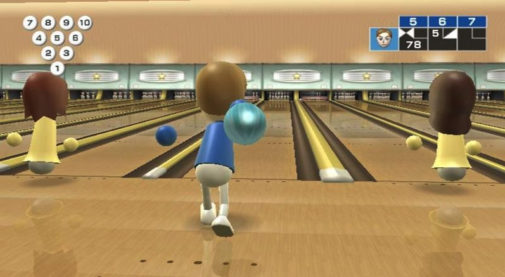 A screenshot from Wii Sports with the smooth mii in a blue shirt mid toss of a bowling ball surrounded by other bowlers in a clear breach of bowling decorum