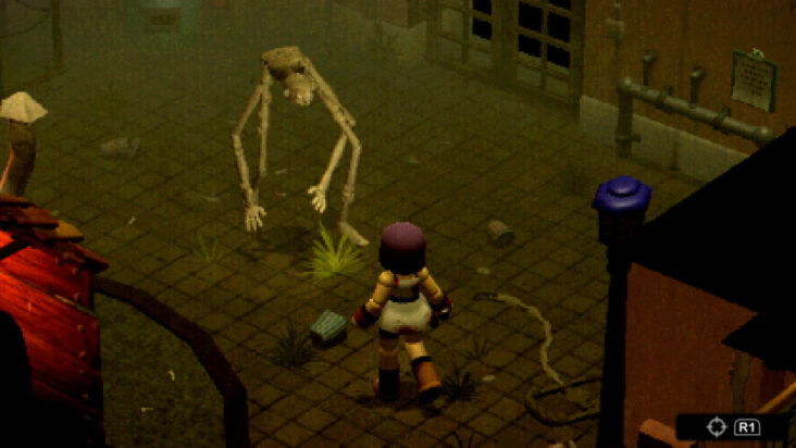 Another screenshot from Crow Country has the player character facing down an enemy, and the baddie's arms and legs are too long. Like, way too long. Slenderman meets a spider kind of stuff.