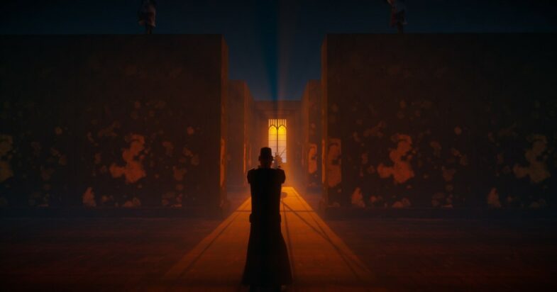 A silhouetted figure stands in a dark hall, pointing a weapon towards a lit window.