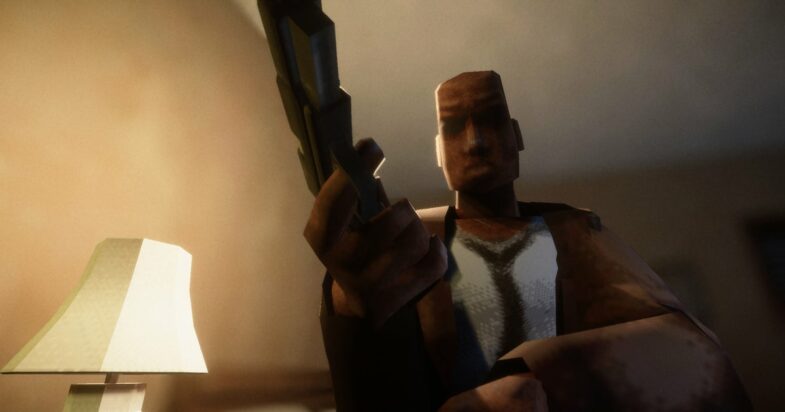 James Savage, the protagonist of El Paso, Elsewhere, reloads a handgun in what looks like a dimly-lit motel room.