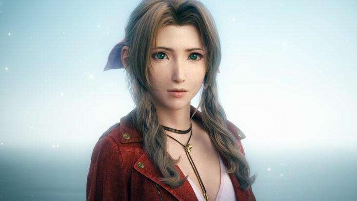 A close-up of Aerith, a fair-skinned woman with dark blonde hair and blue eyes. She looks concerned.